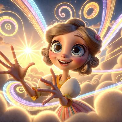 The primary subject of the image is a young girl with blonde hair, wearing a yellow dress and holding her hands out. She is smiling and appears to be enjoying herself. The setting is a cloudy sky, with a sun shining through the clouds. The visual style is a digital art, with the girl being depicted as a cartoon character. The colors are predominantly yellow and blue, creating a warm and cheerful atmosphere.
